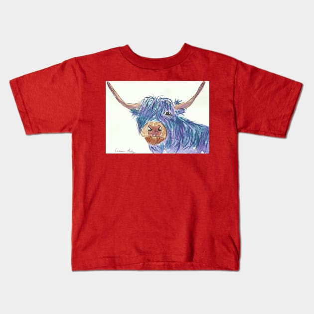 Blue Highland Cow Kids T-Shirt by Casimirasquirkyart